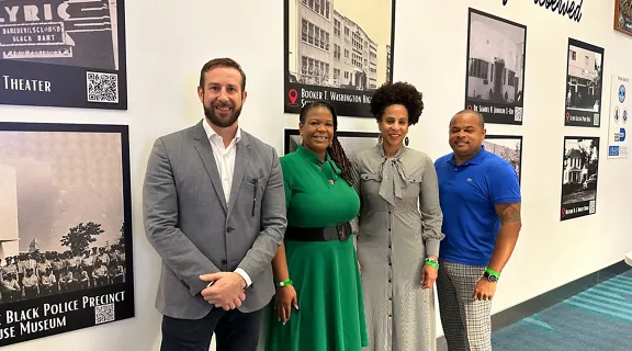 Brightline honors Overtown - standing left to right: Patrick Goddard, Brightline; Kamila Pritchett, The Black Archives; Connie Kinnard, GMCVB; Commissioner Keon Hardemon