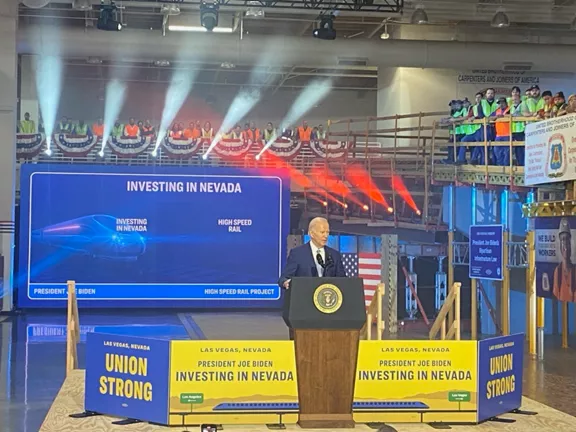President Biden speaks at a press conference announcing a grant for Brightline West