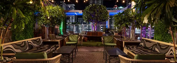 A stylish rooftop lounge is set up at night with cushioned seating and low tables arranged around potted trees and tropical plants. String lights hang overhead, creating a warm and inviting glow across the space. Greenery-covered walls and modern furniture frame the view of tall city buildings in the background. Colorful accent lighting adds a vibrant, urban atmosphere to the outdoor setting.