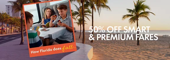 A cityscape at sunset, with a film photo of family enjoying a train ride. Text on the image reads "50% Off Smart & Premium Fares."