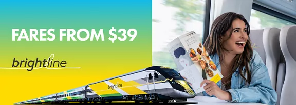 A woman smiling and laughing while reading a Brightline on-board menu, captioned "Fares from $39."