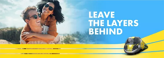 couple with sunglasses smiling with words Leave the layers behind above a image of a train