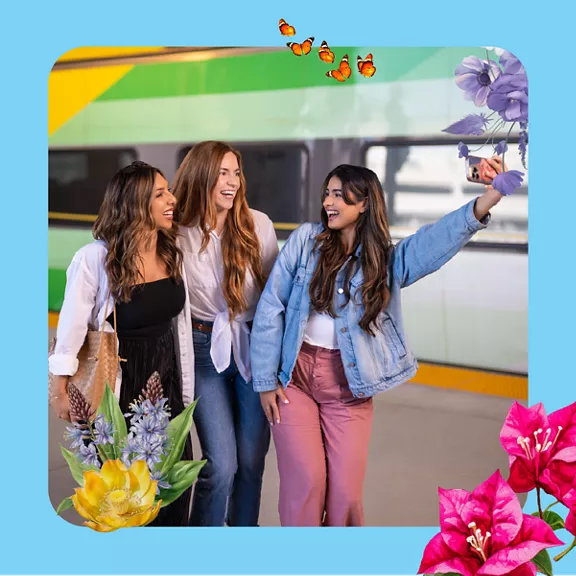 A blue banner with flowers, sports, and butterflies.