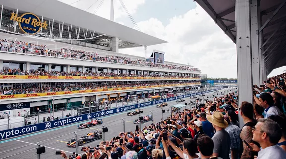 F1 cars on the starting grid at The Big Race Formula 1 Crypto.com Miami Grand Prix