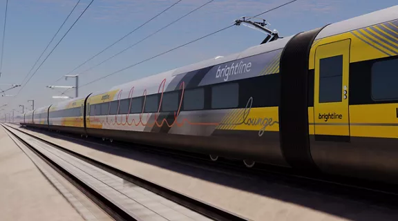 A artist rendering of a Brightline lounge train