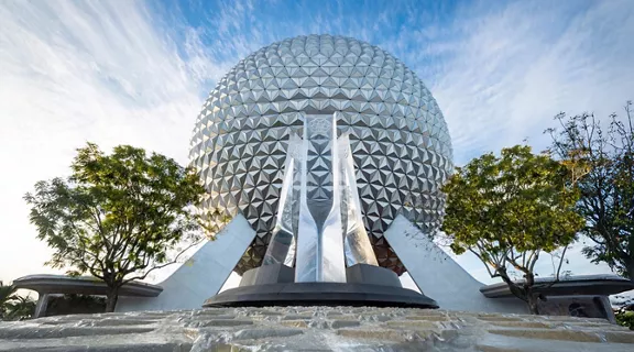 A view of EPCOT's Spaceship Earth on a sunny day at Walt Disney World. 