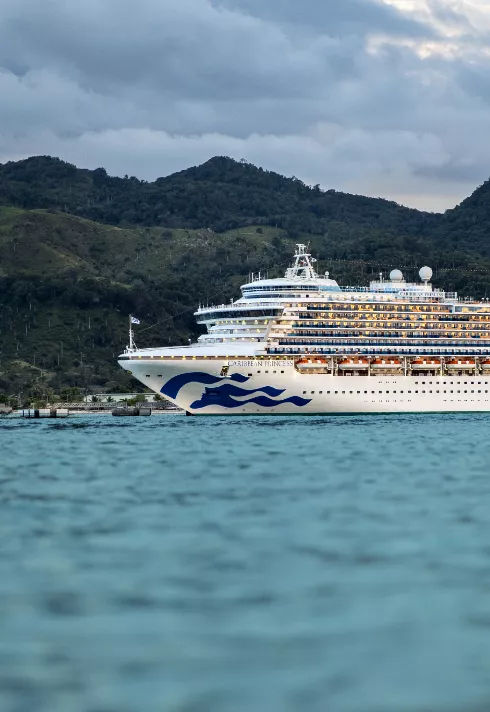 A cruise ship docked at an island on a cloudy day