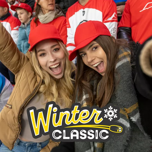 Fans cheering and the Winter Classic Logo