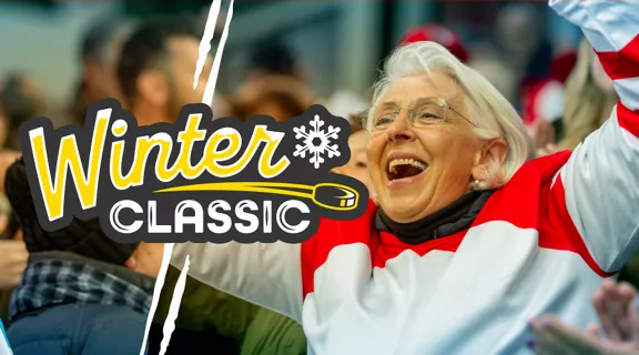 Hockey fans cheering and Winter Classic logo in the middle