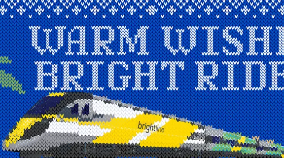 Image of train on blue background with words warm wishes bright rides