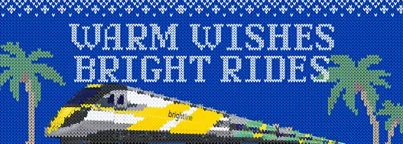 image of train on blue background with the words warm wishes bright rides