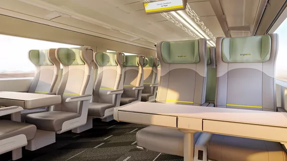 An interior rendering of a Brightline West SMART car seating.