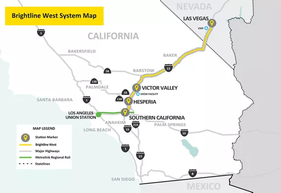 The Brightline West System Map, showing routes, stations, and facilities.