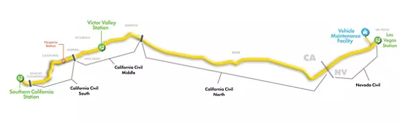 A map showing Brightline West's future route, stations, and facilities.