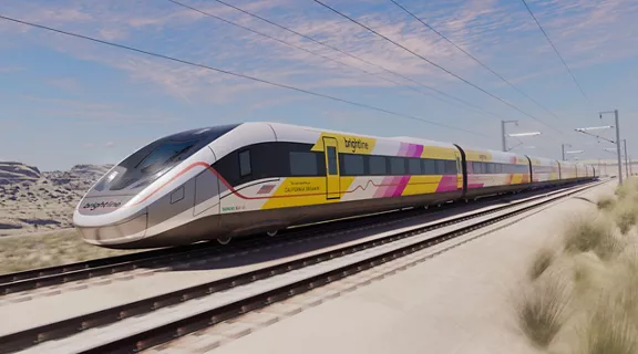 A rendering of the exterior of Brightline West's train car.