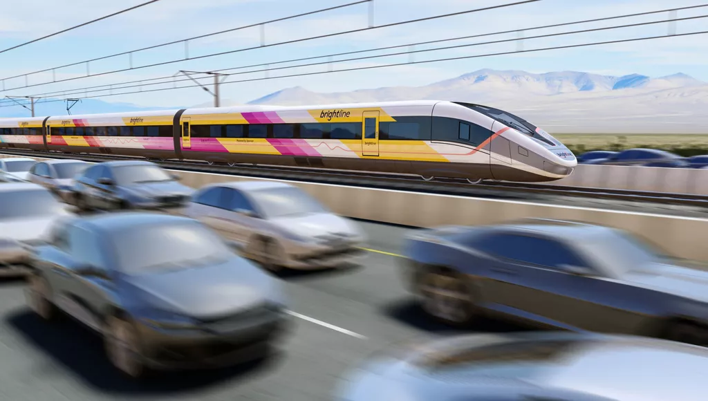 Brightline West train rendering alongside a busy highway