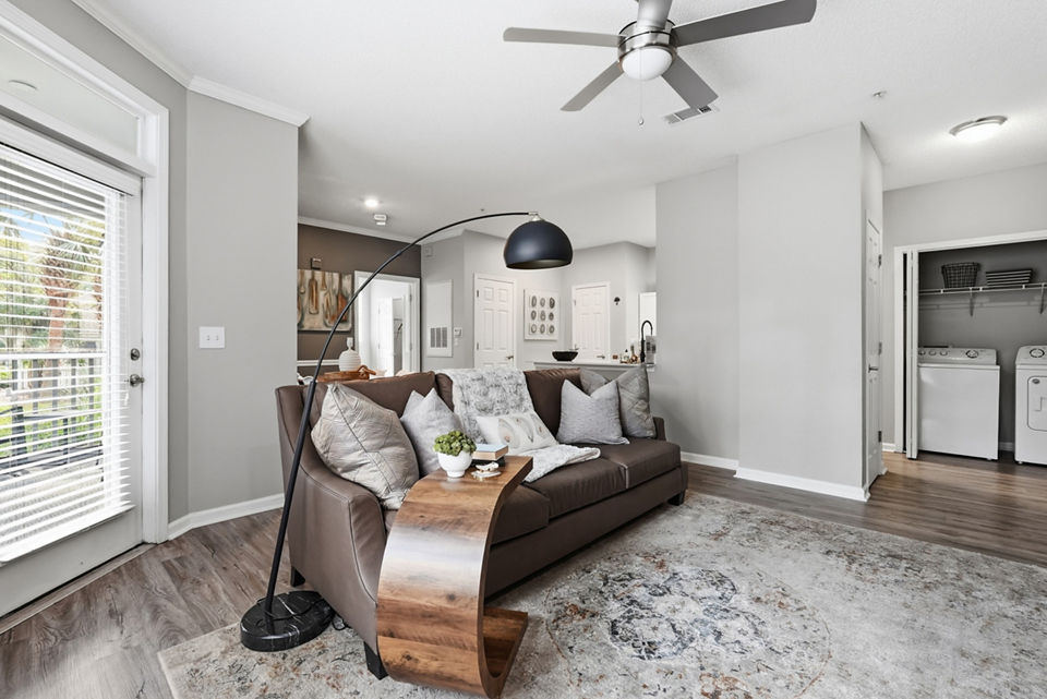 Spacious living room with modern decor at Avana Long Point Apartments