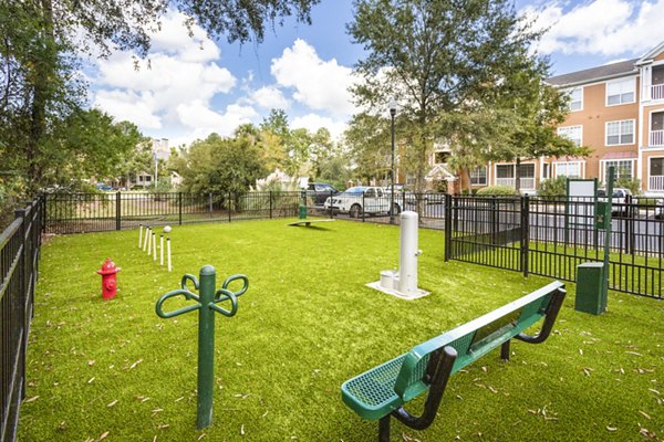 Shaded dog park with agility equipment at Avana Long Point Apartments, perfect for pet-friendly living and outdoor pet activities