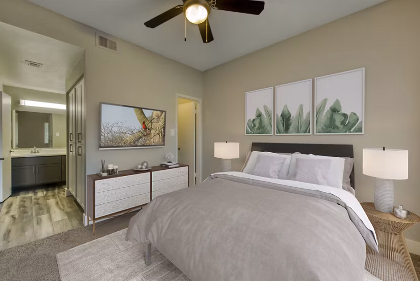 Modern bedroom with plush bedding and natural light in Avana Tempe Apartments