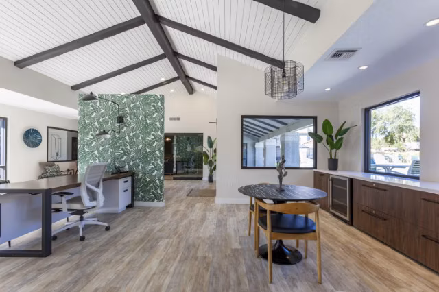 Modern clubhouse with stylish lobby design at Avana Tempe Apartments, featuring comfortable seating and contemporary decor