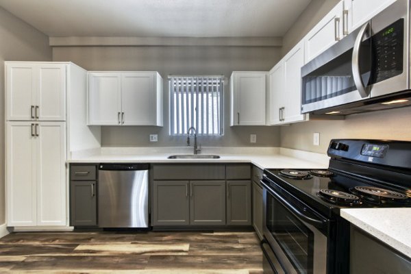 Contemporary kitchen with stainless steel appliances at Avana Tempe Apartments