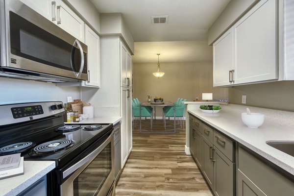 Modern kitchen with stainless steel appliances and white cabinets in luxury apartment