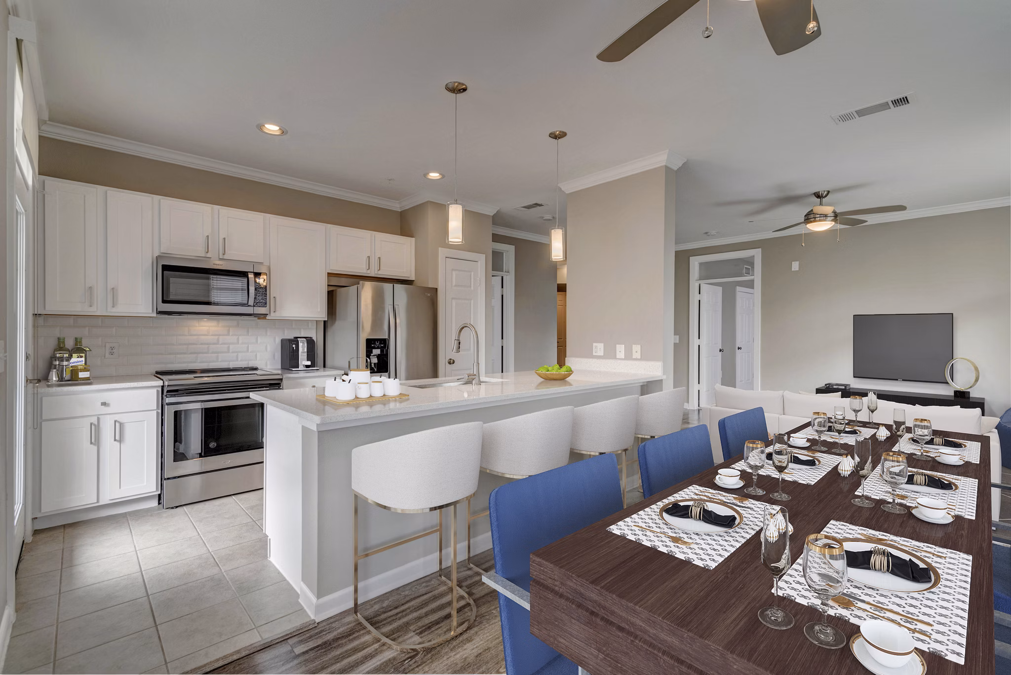 Dining area with modern decor and ample seating at Boardwalk at Town Center Apartments, showcasing luxury living spaces