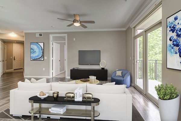 Modern living room with stylish decor at Boardwalk at Town Center Apartments in The Woodlands