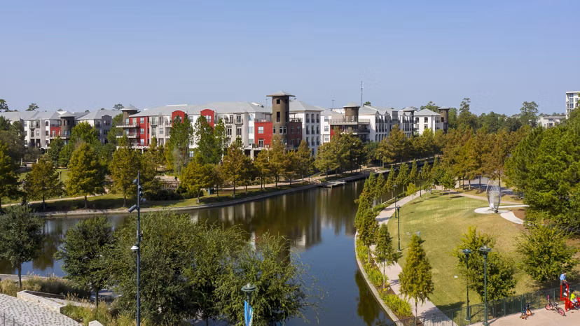 Boardwalk at Town Center: Scenic lake views from balcony at luxury apartments in The Woodlands