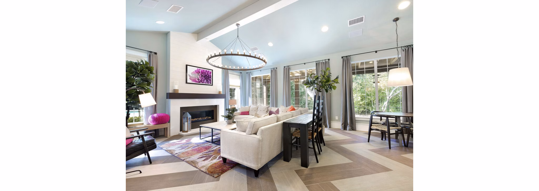Chic clubhouse with contemporary furniture at The Preserve at Travis Creek Apartments for social events and gatherings