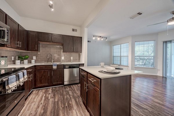 Modern kitchen with stainless steel appliances in The Preserve at Travis Creek Apartments