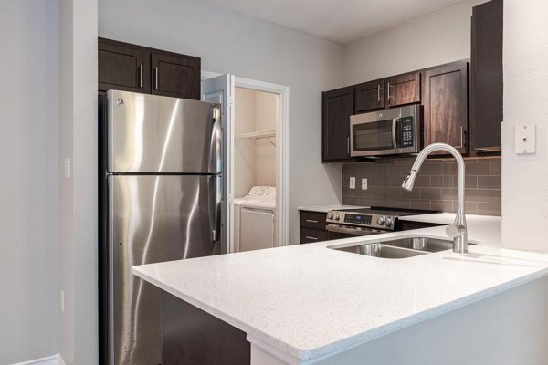 Modern kitchen with stainless steel appliances in The Preserve at Travis Creek Apartments
