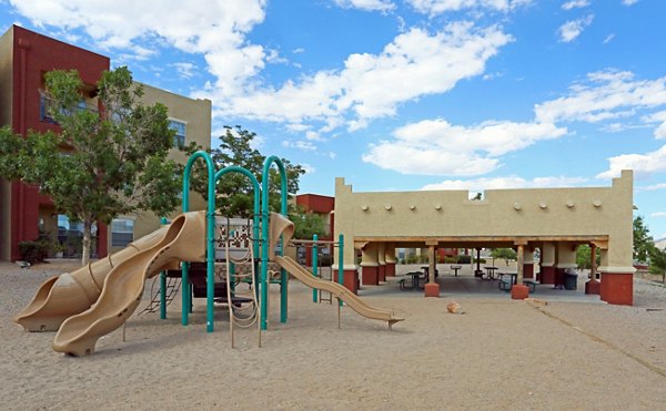 Outdoor playground at Odyssey Landing Apartments featuring modern play equipment for family-friendly recreation spaces