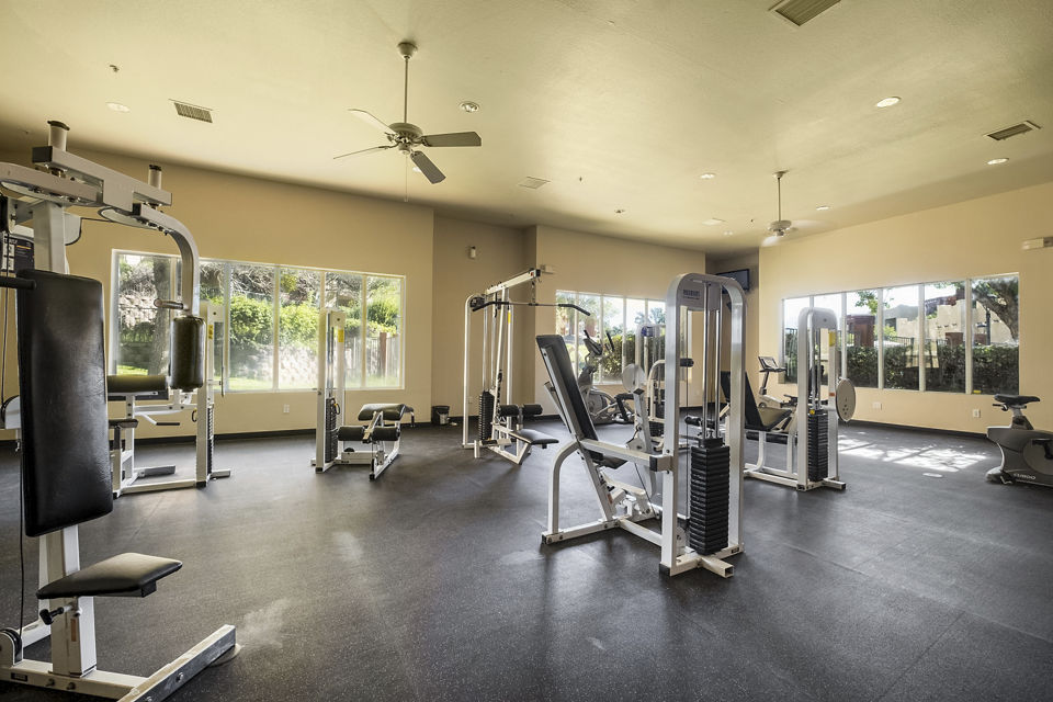 State-of-the-art fitness center with modern equipment at Odyssey Landing Apartments