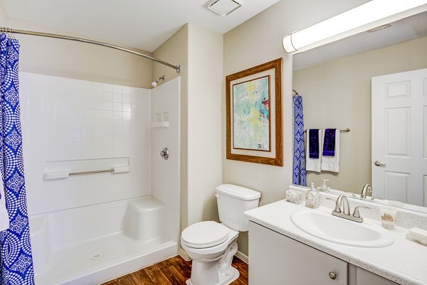 Modern bathroom with sleek fixtures at Destinations Alexander Apartments, luxury living by Greystar