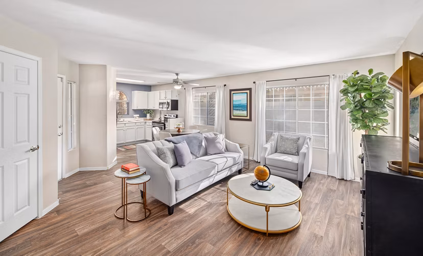 Modern living room with stylish decor at Destinations Alexander Apartments