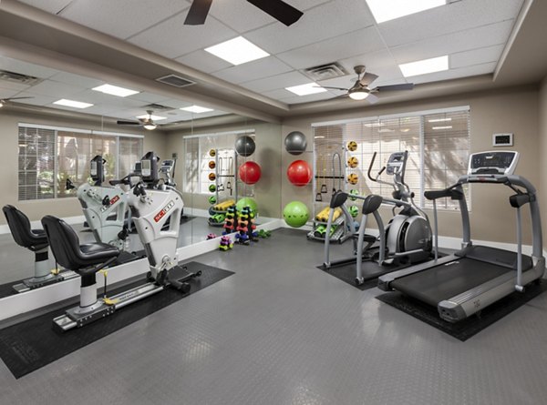 Fully-equipped fitness center with modern machines at Destinations Spring Valley 55+ Apartment Homes