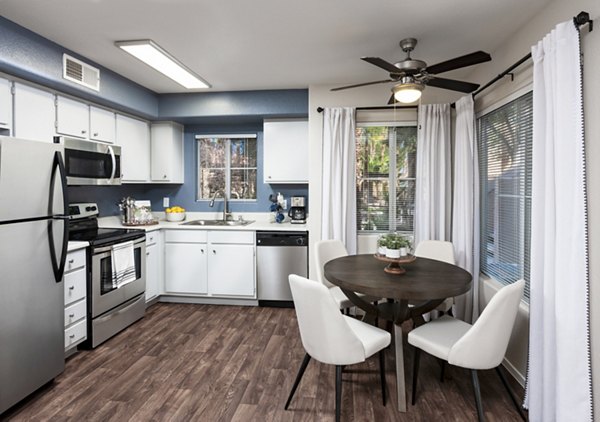 Modern kitchen with stainless steel appliances at Destinations Spring Valley 55+ Apartment Homes