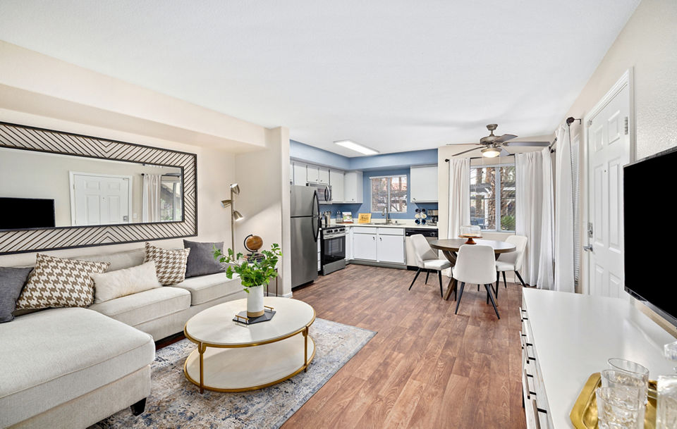 Spacious living room with modern decor in Destinations Spring Valley Apartment Homes