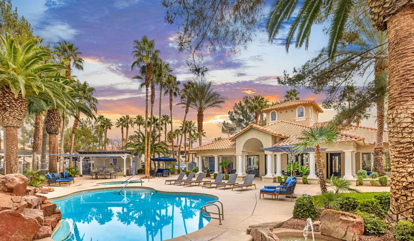 Resort-style pool at Destinations Spring Valley Apartment Homes offering luxurious relaxation in prime location