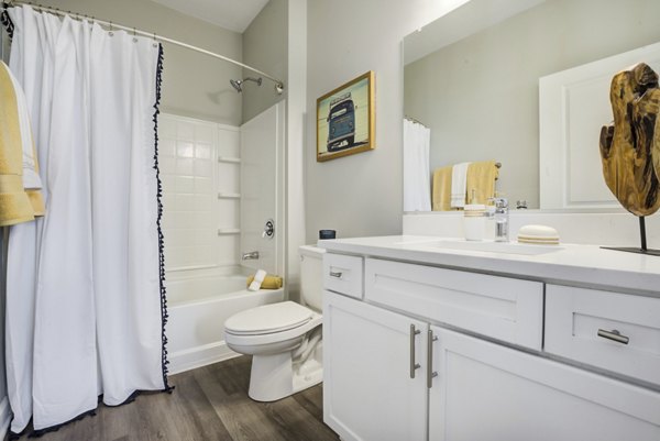 Bathroom with modern fixtures and granite countertops at Avana Lake Norman Apartments