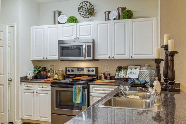 Modern kitchen with stainless steel appliances at Estates at Memorial Heights Apartments