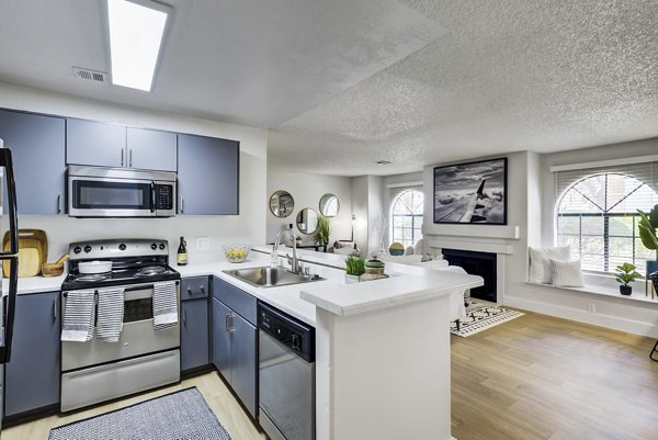 Modern kitchen with stainless steel appliances in Montego Bay Apartments, luxury living by the beach
