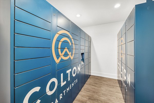 Parcel lockers at Colton Apartments for convenient package retrieval by residents