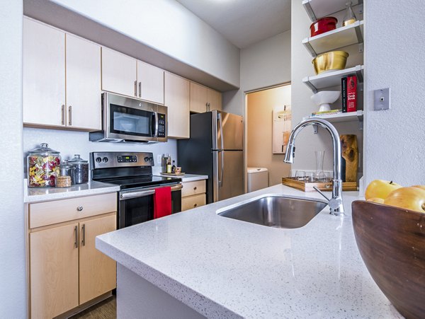 Modern kitchen with stainless steel appliances at Alanza Place Apartments
