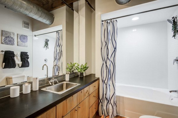 Bathroom featuring sleek fixtures and marble countertops in Mitchell Lofts