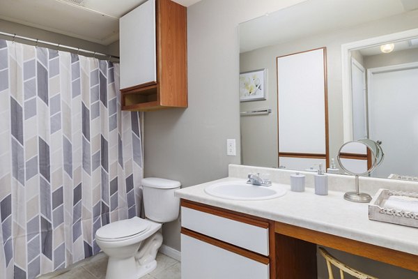 Modern bathroom with sleek fixtures and granite countertops at Clear Creek Meadows Apartments