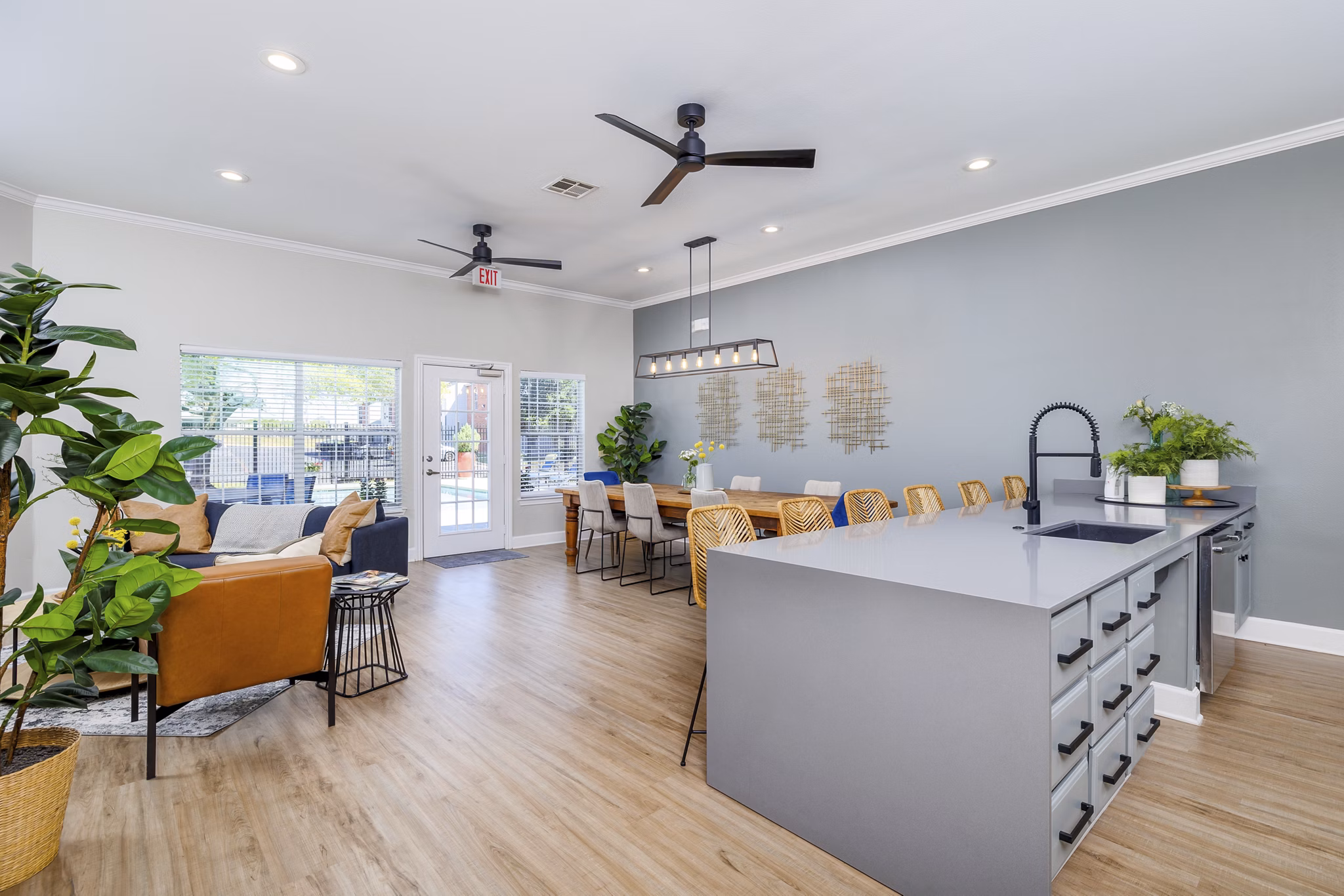 Clubhouse featuring modern decor and lounge spaces at Clear Creek Meadows Apartments