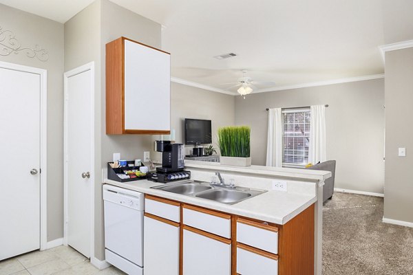 Modern kitchen with granite countertops and stainless steel appliances at Clear Creek Meadows Apartments