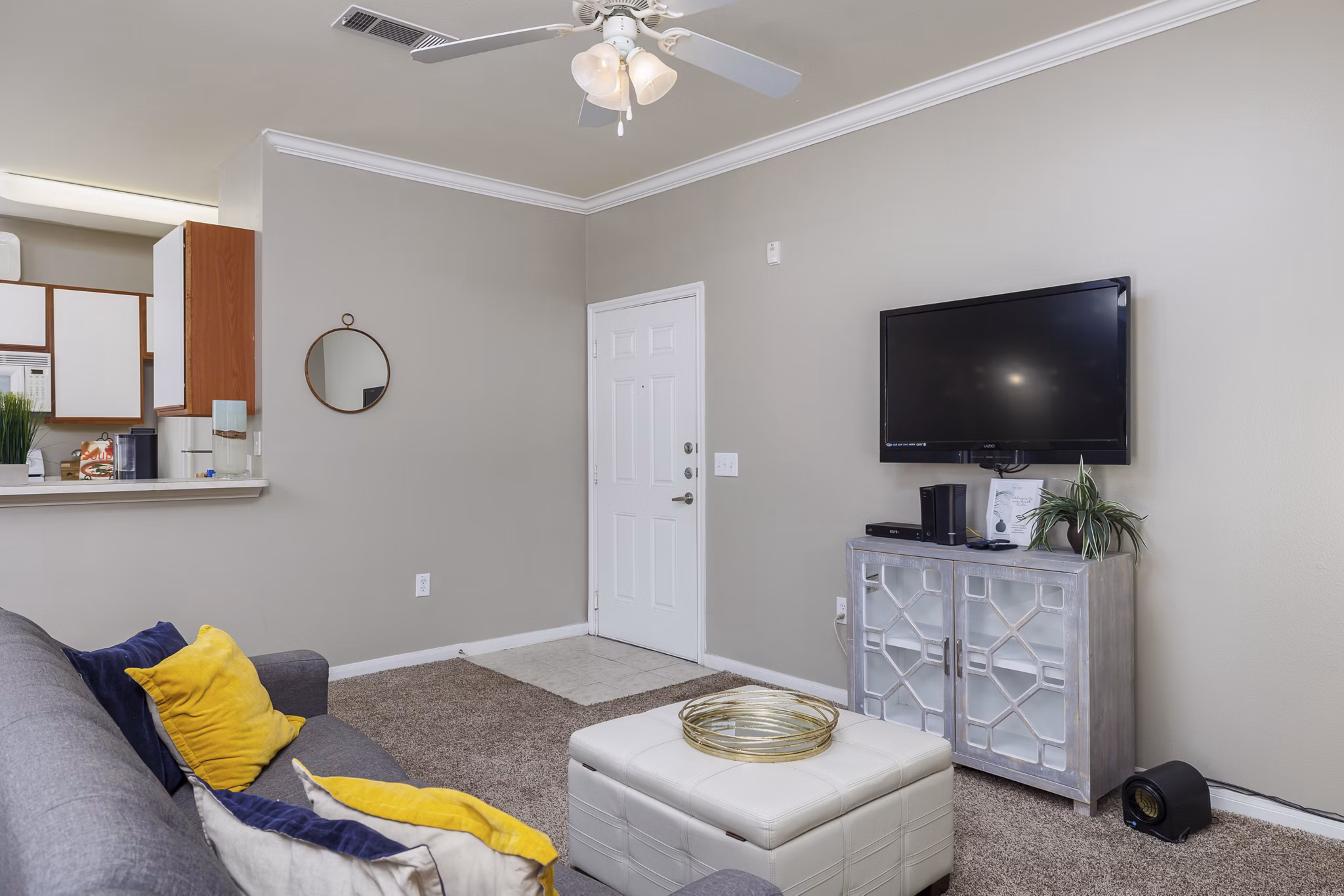 Spacious living room with modern decor in Clear Creek Meadows Apartments